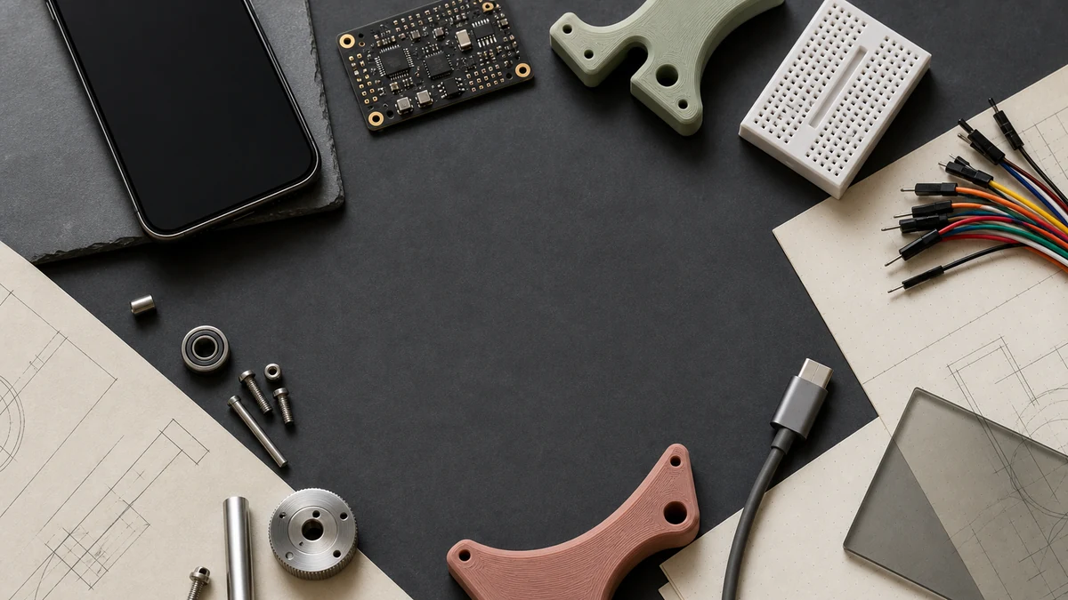 Contemporary prototyping materials arranged around an open center on a dark studio work surface.