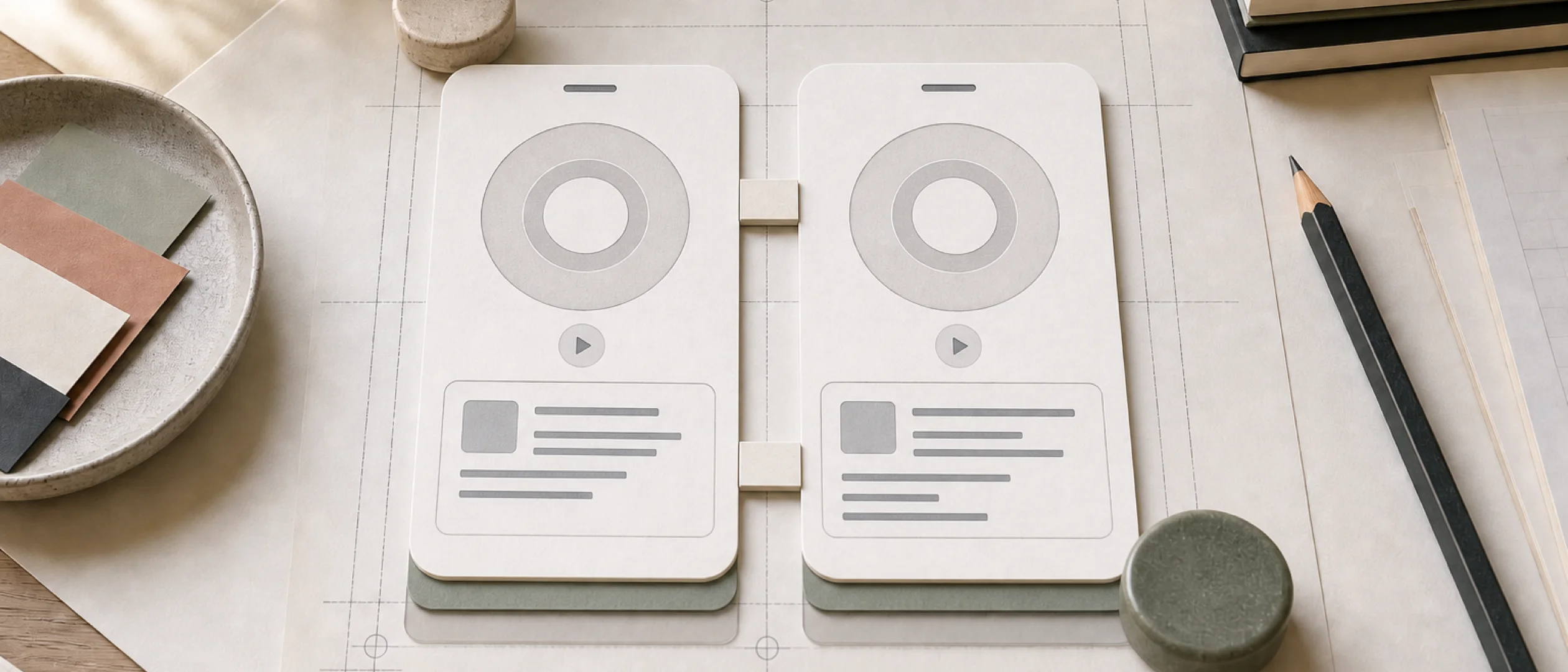 Two meditation app prototypes in different languages beside a shared network architecture sketch.