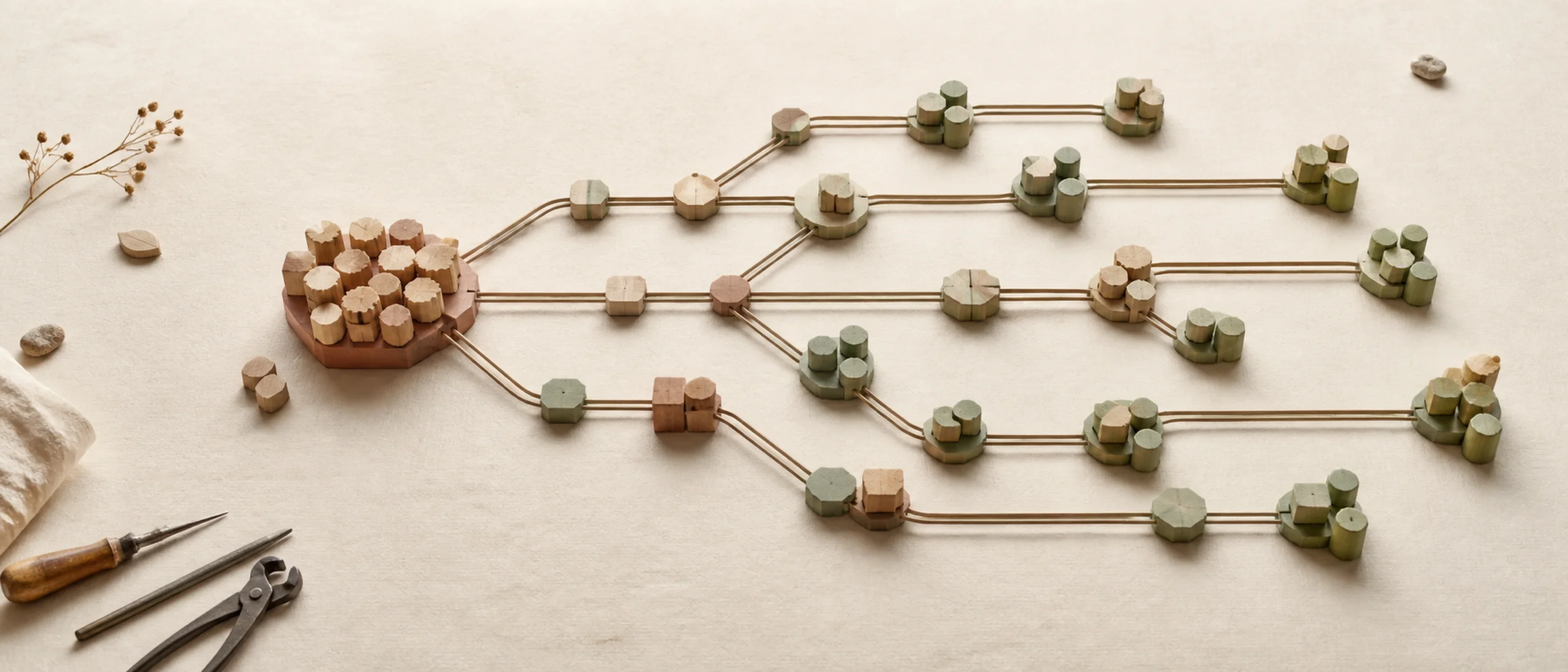 A clay-colored cluster of wooden pieces branches into a distributed sage network as tools rest at the edge.