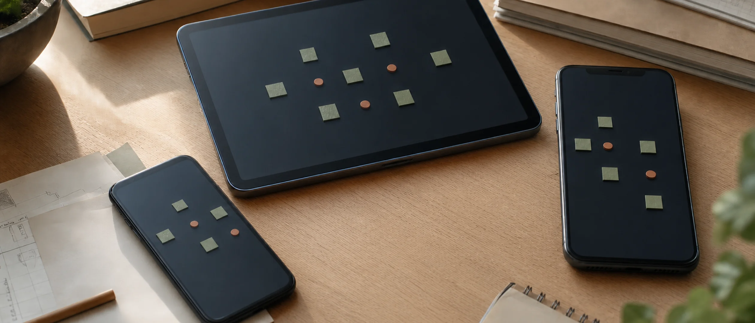 Two phones and a tablet displaying related system diagrams on a clean wooden desk.
