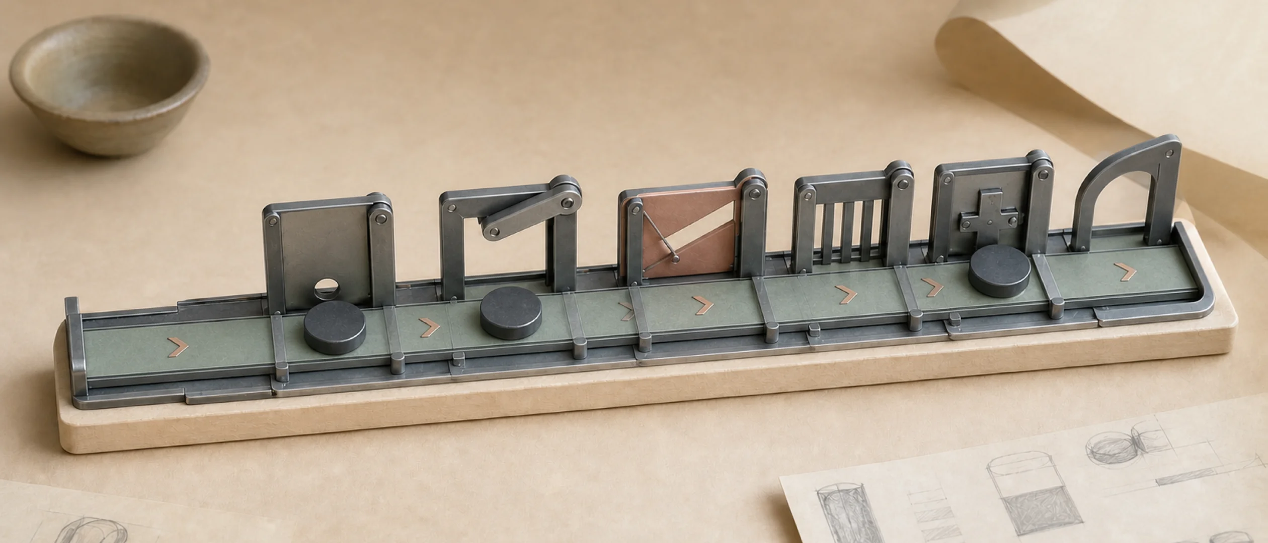 A factory-line model carrying pieces through a sequence of gates in one direction.