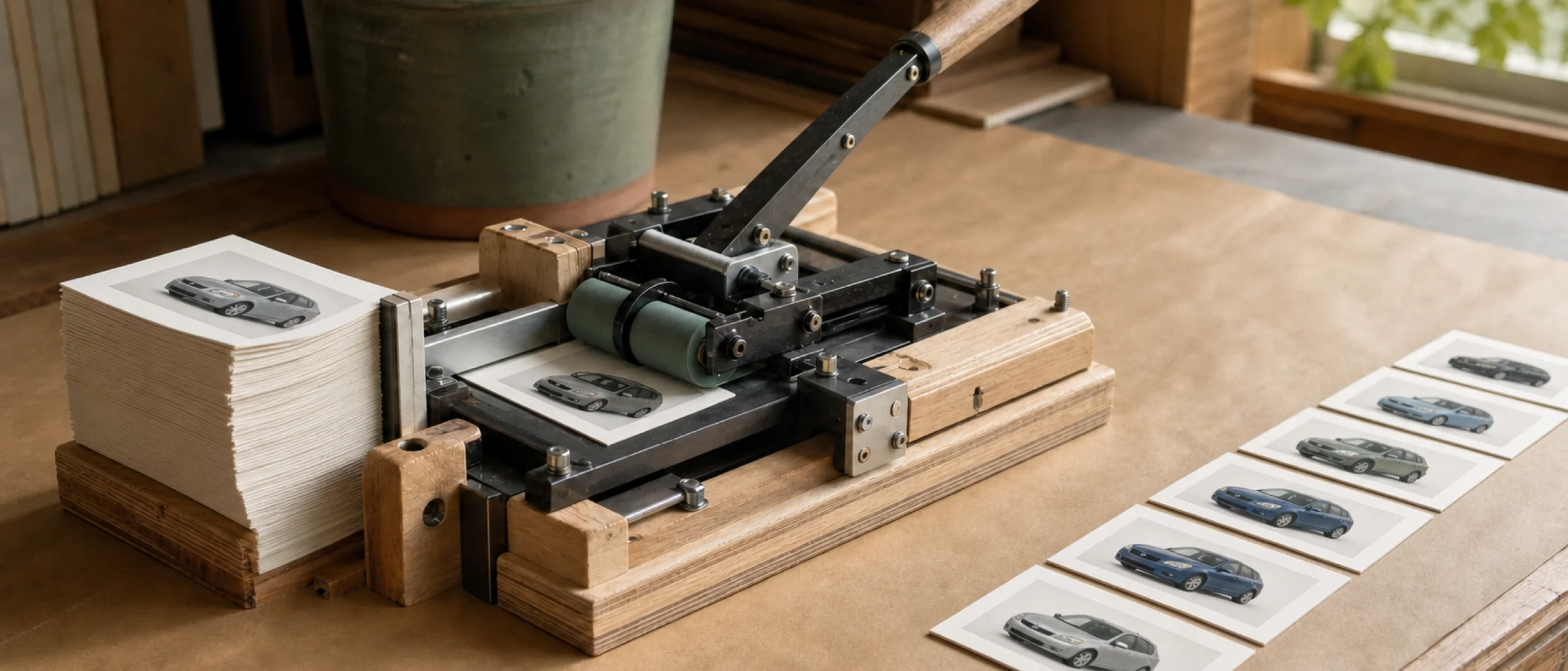 A compact printing machine producing a row of paper cards illustrated with cars.
