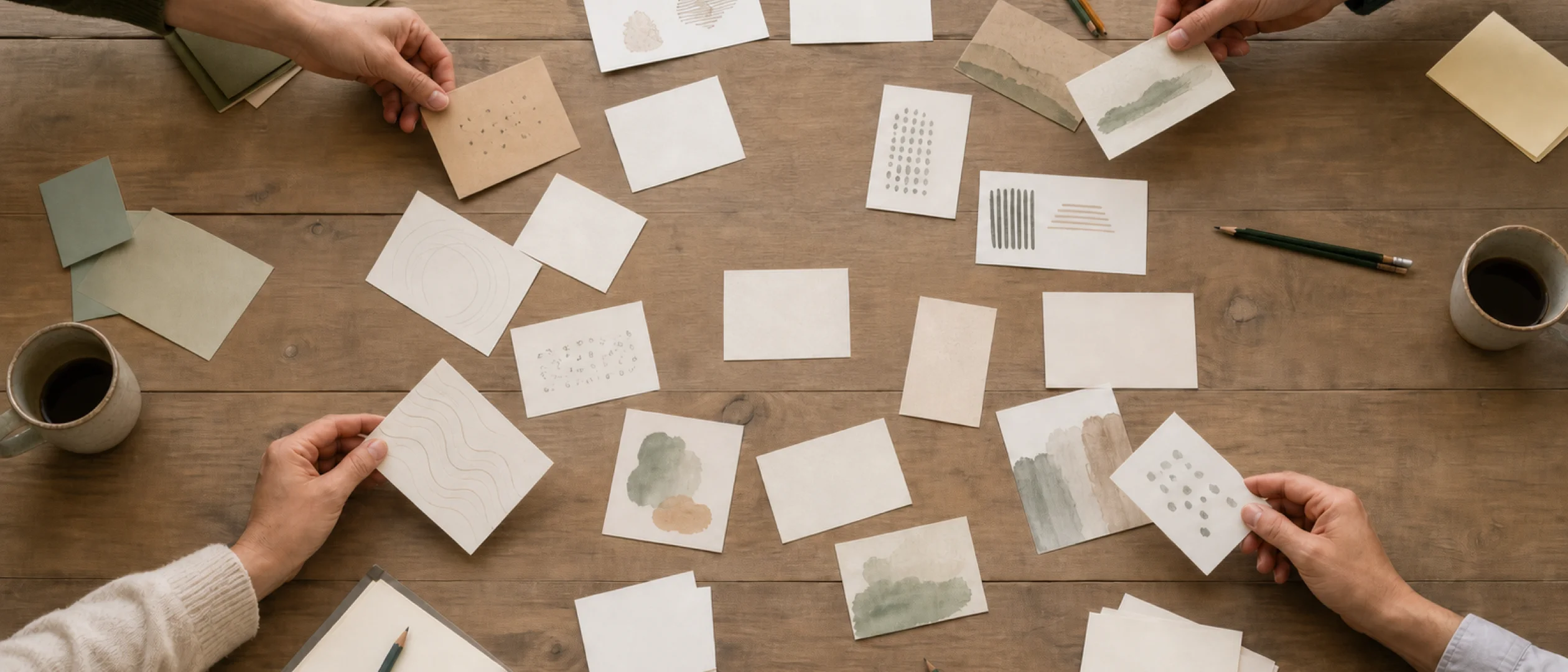 Four people arranging abstract paper cards around a shared blank card on a wooden table.