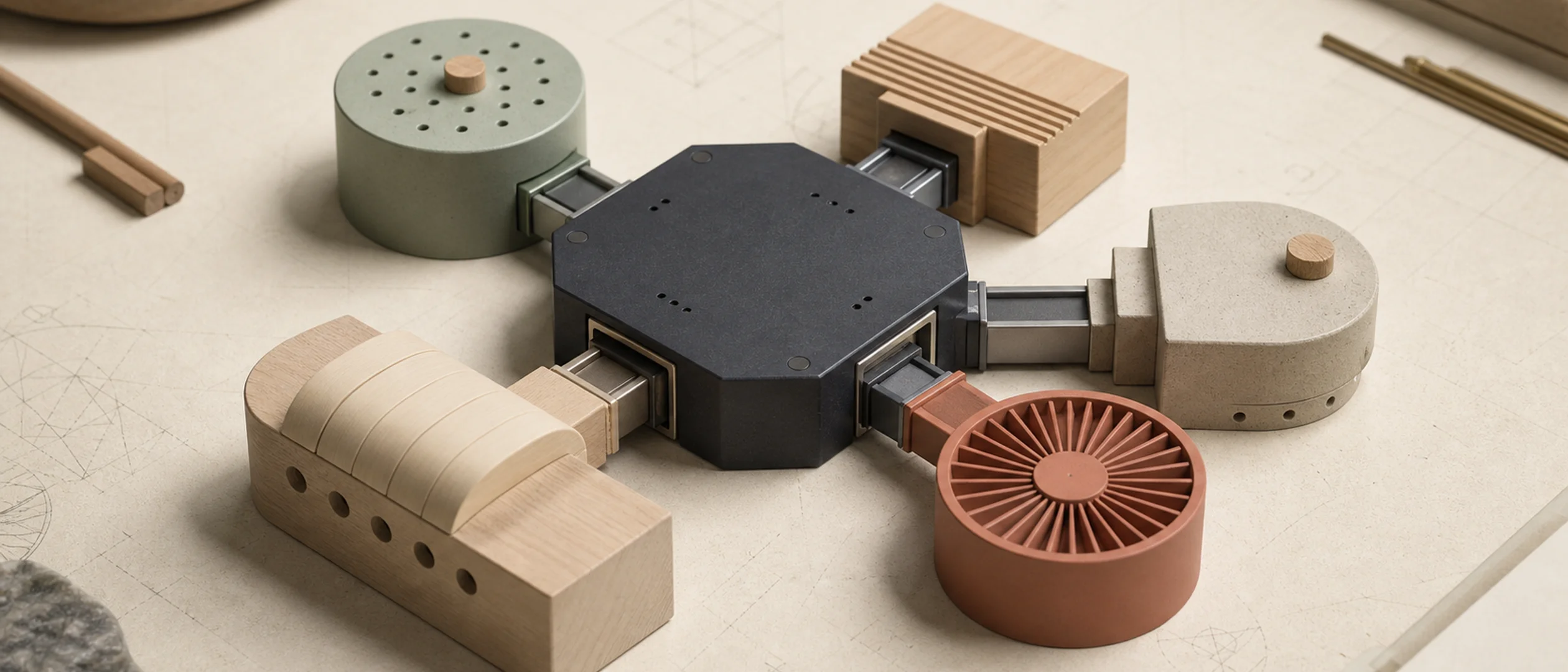 A dark modular core connected to distinct wooden, ceramic, and metal components on a drafting table.