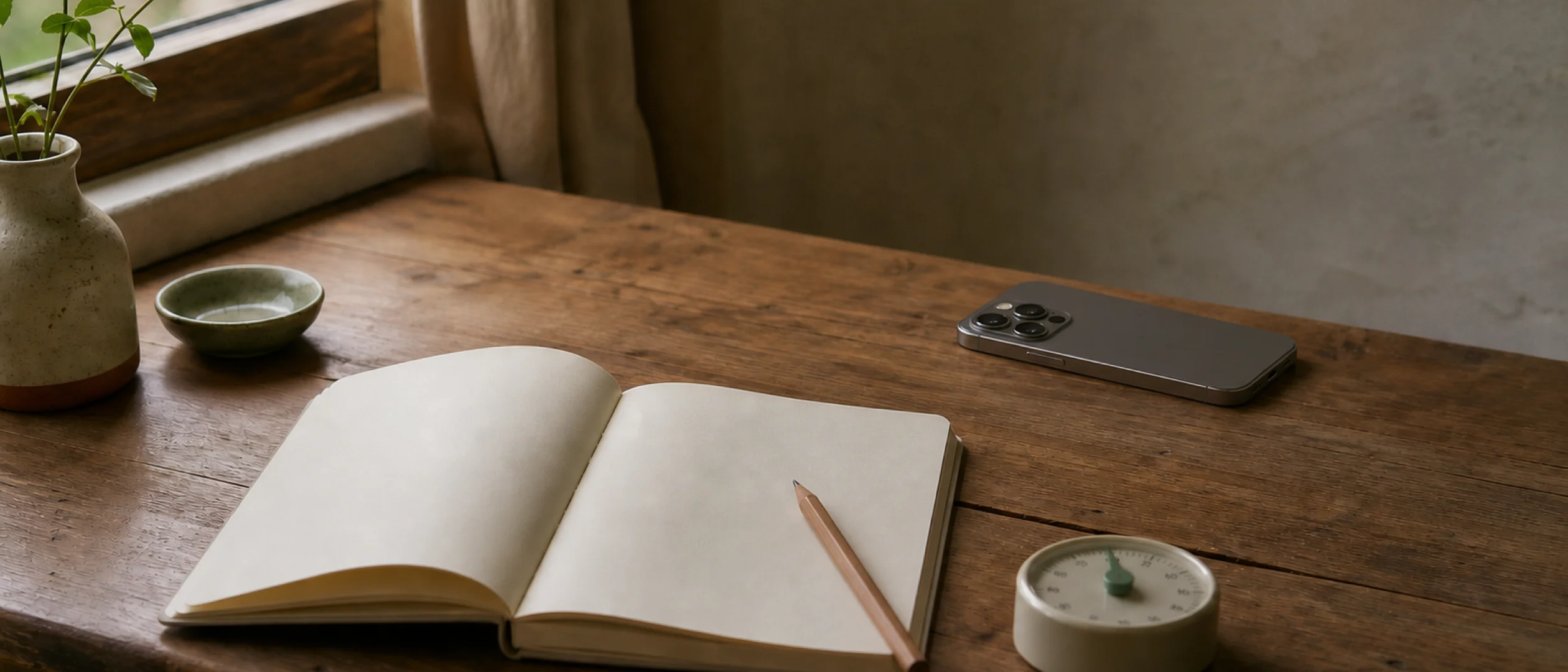 An iPhone resting face down beside an open notebook in soft morning light.